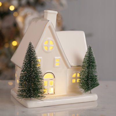 LED Ceramic White & Gold House with Brush Christmas Trees