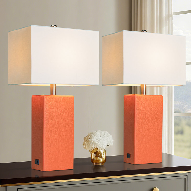 21" Modern Faux Leather Table Lamps with USB-A & USB-C Charging Ports (Set of 2), Orange, Beige