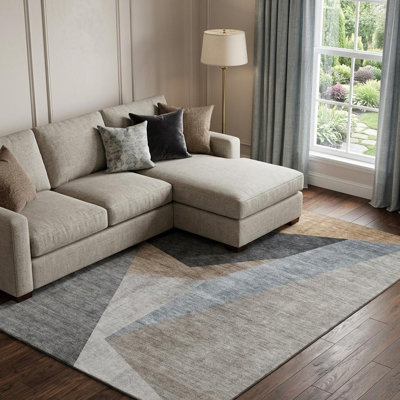 10' X 14' Taupe Blue And Beige Geometric Washable Area Rug With UV Protection