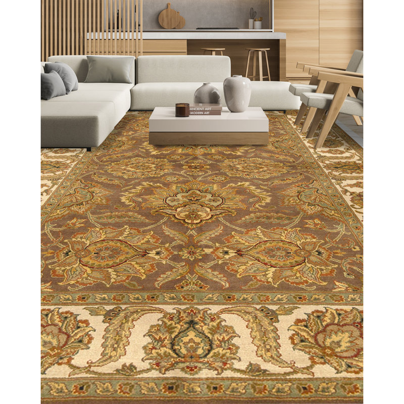 Hand Knotted Wool Oriental Area Rug in Brrown And Ivory