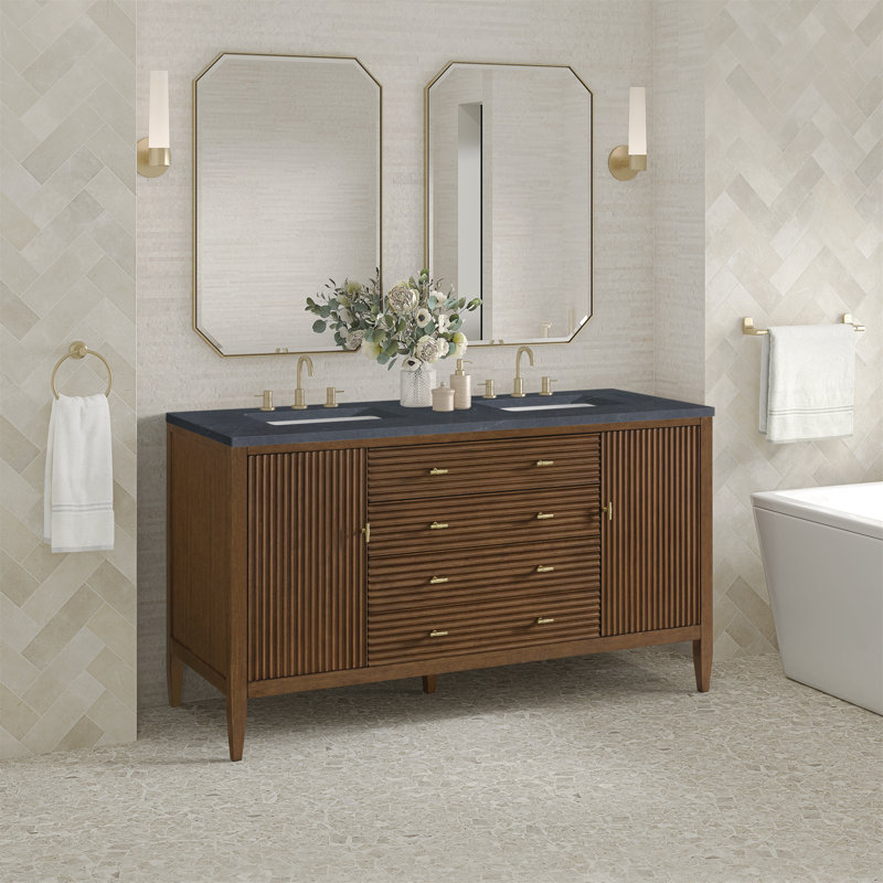 Myrrin 60'' W Double Vanity, Mid-Century Walnut, Charcoal Soapstone, 8" Widespread
