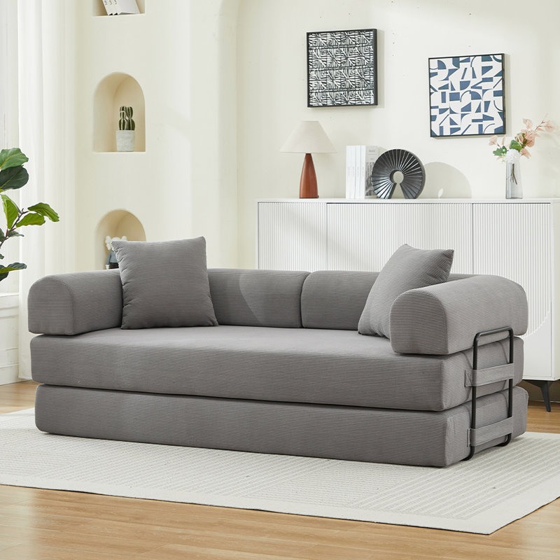 3 - Seater Folding Couch Bed, 78.5" Convertible Futon With Corduroy, 2 Pillows, Suitable For Living Room Grey Foam Spring Floor Mattress, Office