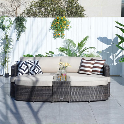 Outdoor Daybed 5-Piece All-Weather Wicker Outdoor Sectional Sofa Set with Ottoman, Tempered Glass Coffee Table and Cushions, Aluminum Frame Patio Brown Conversation Set