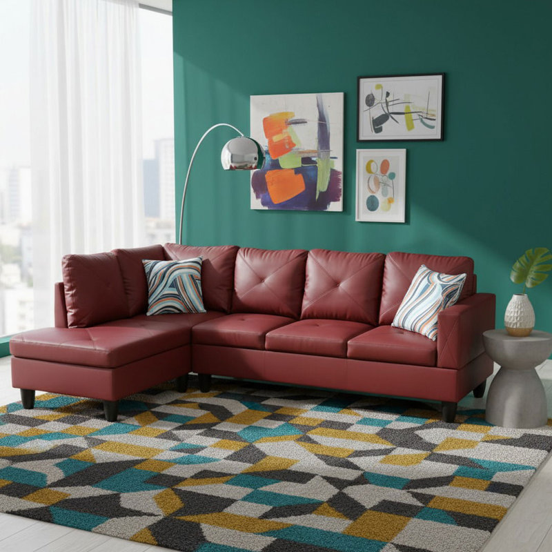 Ensemble de canapé modulaire en cuir 2 pièces avec méridienne Monaco, Face à la gauche, Rouge