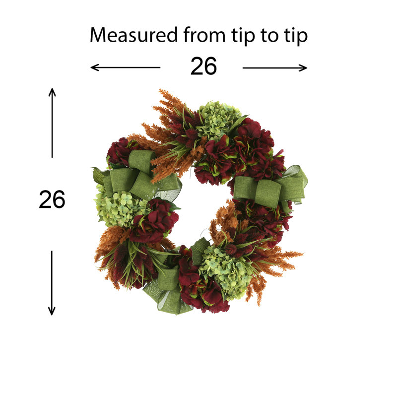 Alma 26" Wreath with Hydrangeas, Wheat and Pampas in Green/Burgundy/Rust