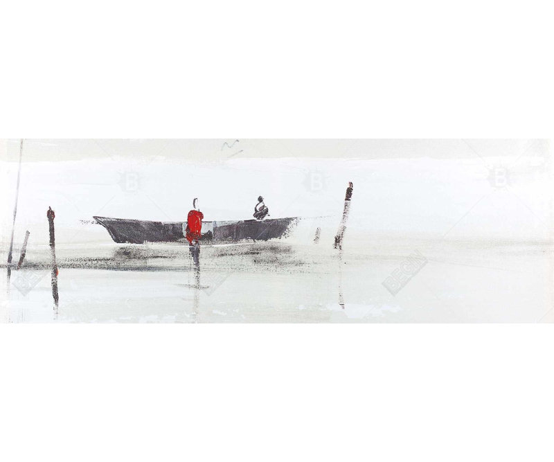 «Minimalist Boat on the Lake - Coastal», reproduction encadrée, H 16 po x l 48 po, Noir