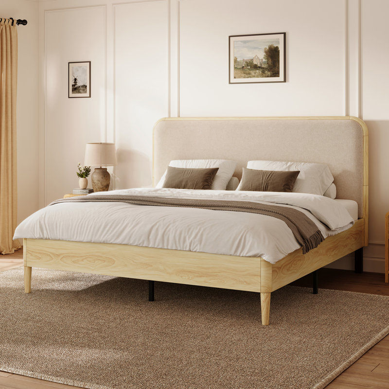 Linen Upholstered Platform Bed with Rounded Headboard and Solid Wood Legs, Double (4'6)