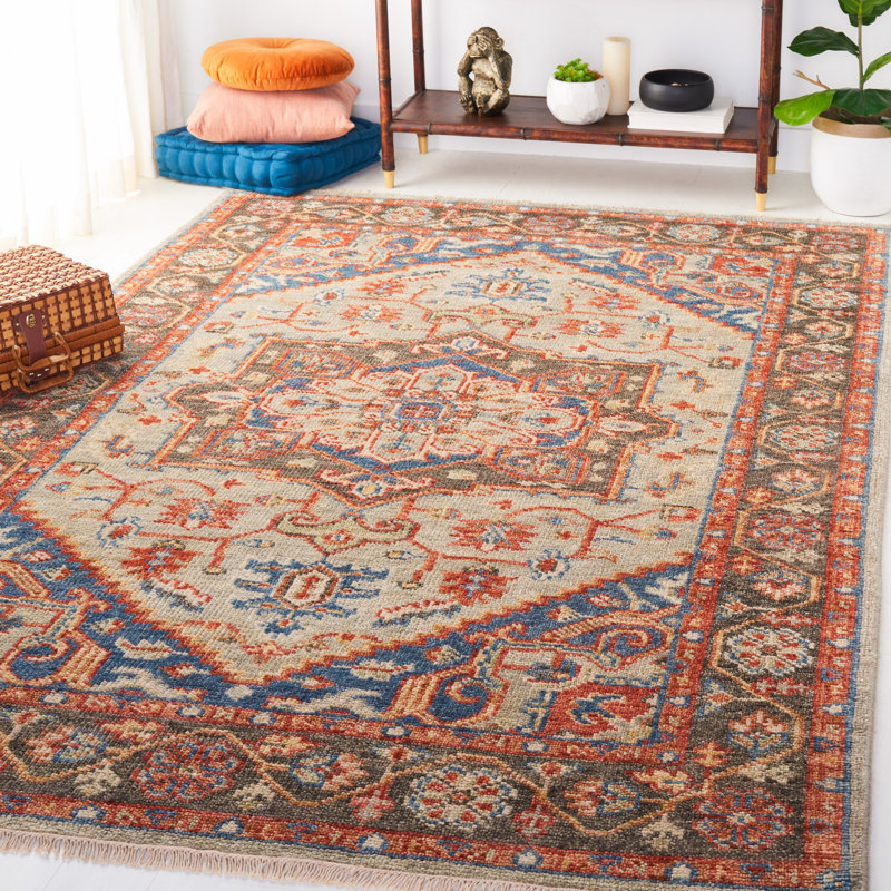 Tapis oriental en laine / coton oriental noué à la main bleu marine / gris / orange, Rectangle 6 pi x 9 pi