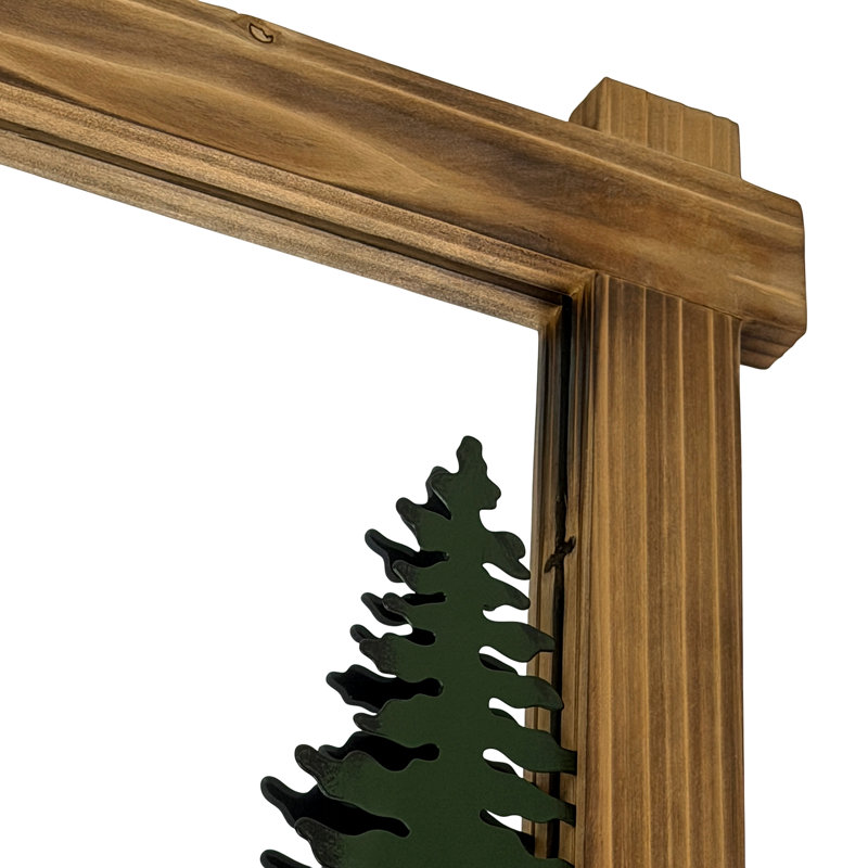 Miroir mural rustique en bois brun, verre et métal, orné d'un motif d'élan et de pins peints, 66 cm de large