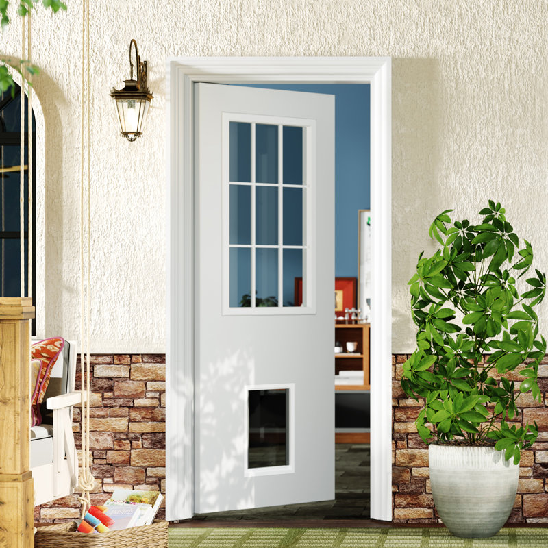 Portes extérieures - Dalle de porte en panneau de fibres à densité moyenne blanc transparent 9 Lite avec grande porte pour animaux