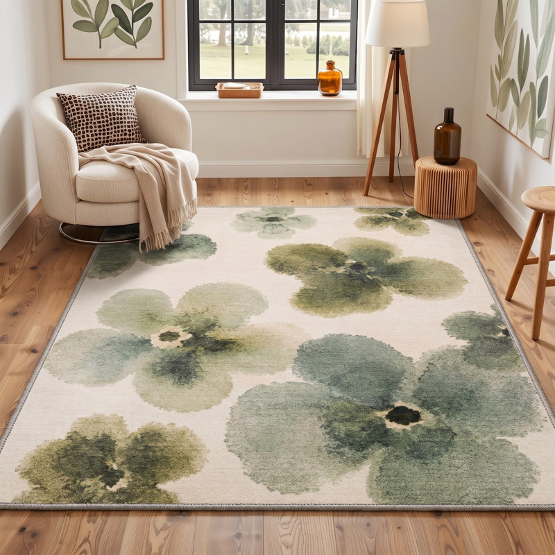 Tapis de couloir floral ivoire / vert lavable à la machine avec envers antidérapant, Tapis de couloir 2 pi x 6 pi