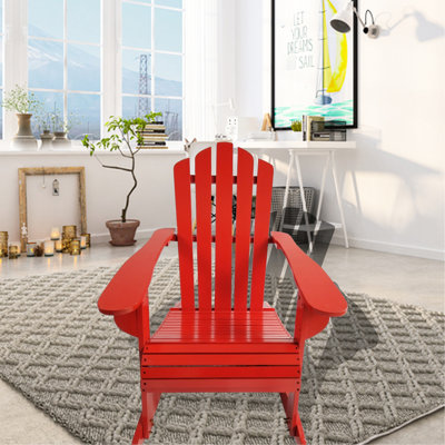 Red Reclining Chair For Patio And Yard - Wooden Rocking With Wide Seat Armrest Deck Porch, Assembly Needed Comfortable Outdoor Use Versatile In Front Porch Solid Wood Construction 39.17In Height 250