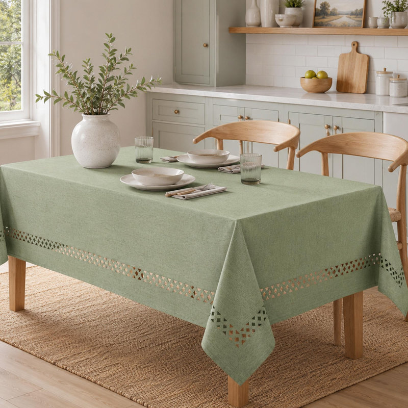 Nappe en lin vert sauge avec bordure découpée décorative
