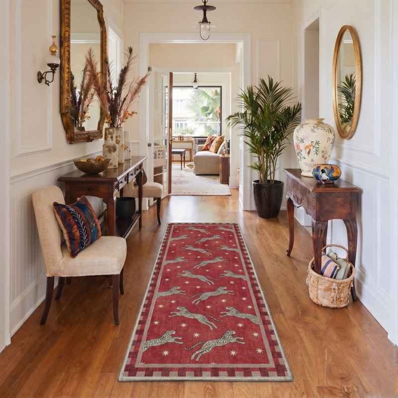 Safari Run Animal Print Machine Washable Red / Beige Indoor Area Rug with Non-Slip Backing, Runner 2' x 7'