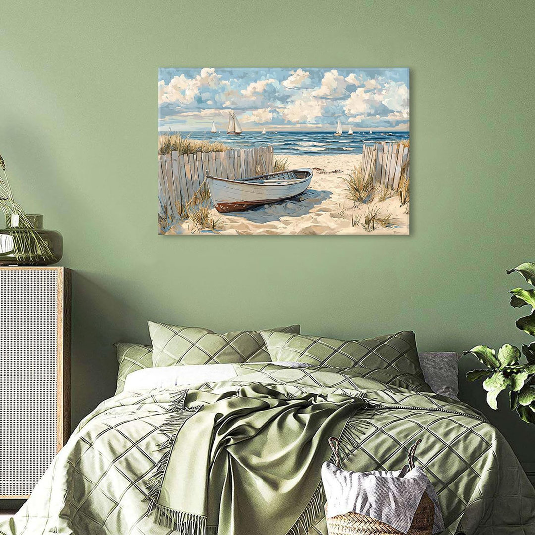 Beach Wall Art Seaside Sailboat Canvas Prints Pictures for Bathroom Decor Ocean Coastal Landscape Wall Decor Nautical Blue Seascape Painting Artwork f