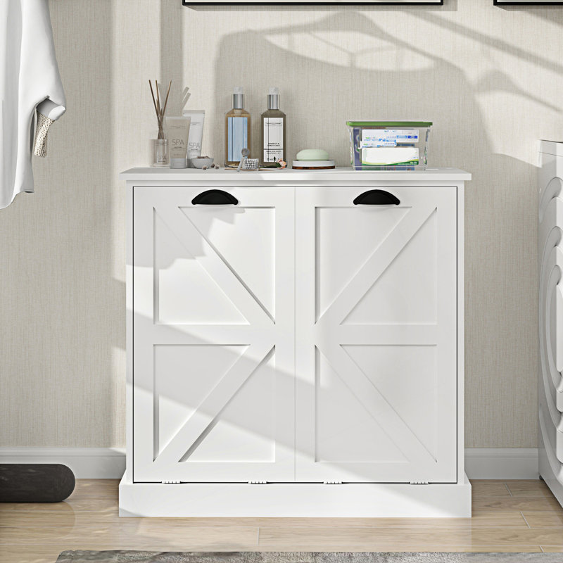 Two-Compartment Tilt-Out Laundry Sorter Cabinet, 30.7" H x 31.49" W x 13.77" D, White 2
