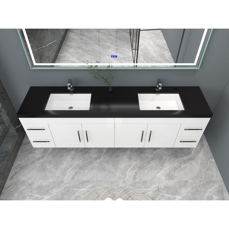 Ensemble de meuble-lavabo double mural 84 po Camorah, Blanc très luisant, Noir mat
