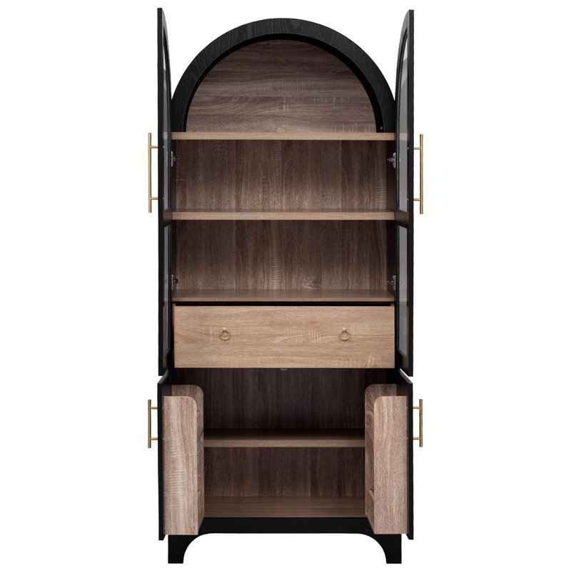 71" Tall Arched Kitchen Pantry Cabinet with Door Shelves, Farmhouse Kitchen Storage Cabinet with Open & Adjustable Shelves, Hidden Drawer & Glass Door, Cupboard for Kitchen, Dining Room, Black