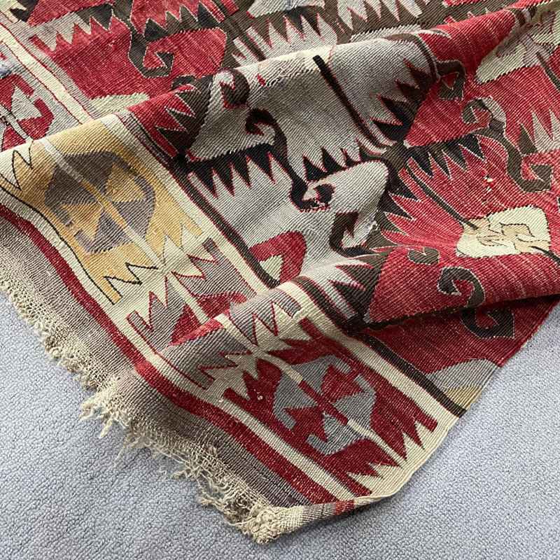 Tapis de style rétro turc Oushak Kilim en rouge avec motif géométrique pour les couloirs et les escaliers