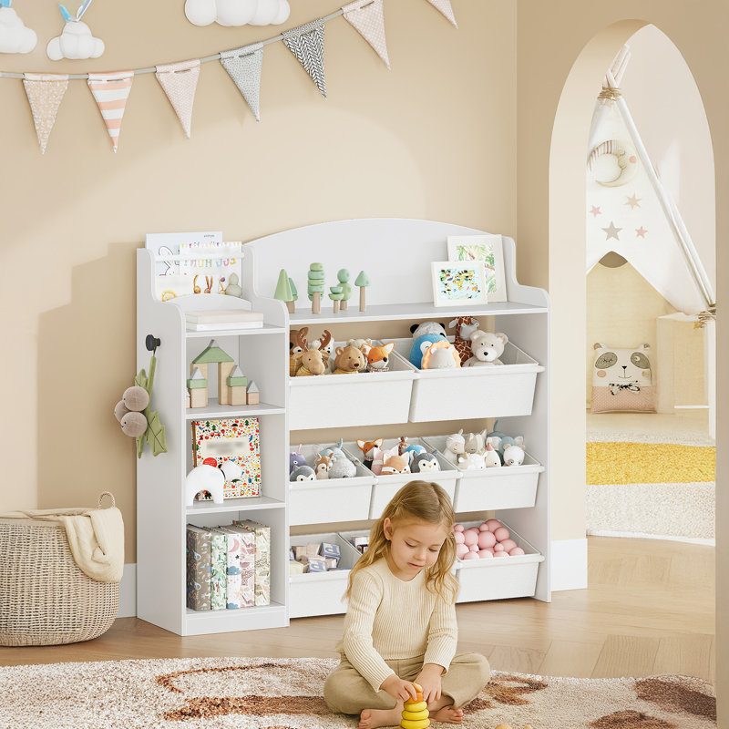 Rangement pour jouets, tablette à jouets avec 8 bacs de rangement, rangement pour salle de jeux, bibliothèque pour enfants, bibliothèque à 4 niveaux pour chambre d'enfant, chambre à coucher, salon, salle d'étude, chambre de bébé blanc