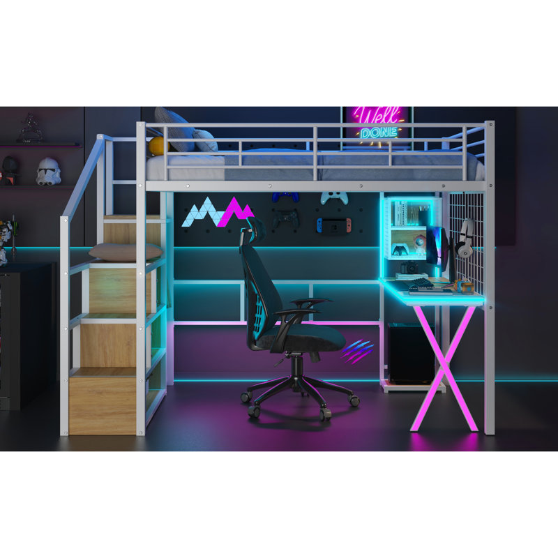 Lit mezzanine en métal avec espace de travail, bureau, garde-robe et DEL - Transformez votre chambre à coucher en un espace de rangement productif, un petit espace fonctionnel