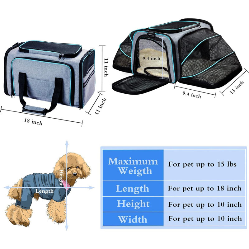 Porte-chat - Porte-chat extensible approuvé par la compagnie aérienne avec coussin en molleton amovible et poches, pour chats / chiots et petits animaux (extensible sur 2 côtés)