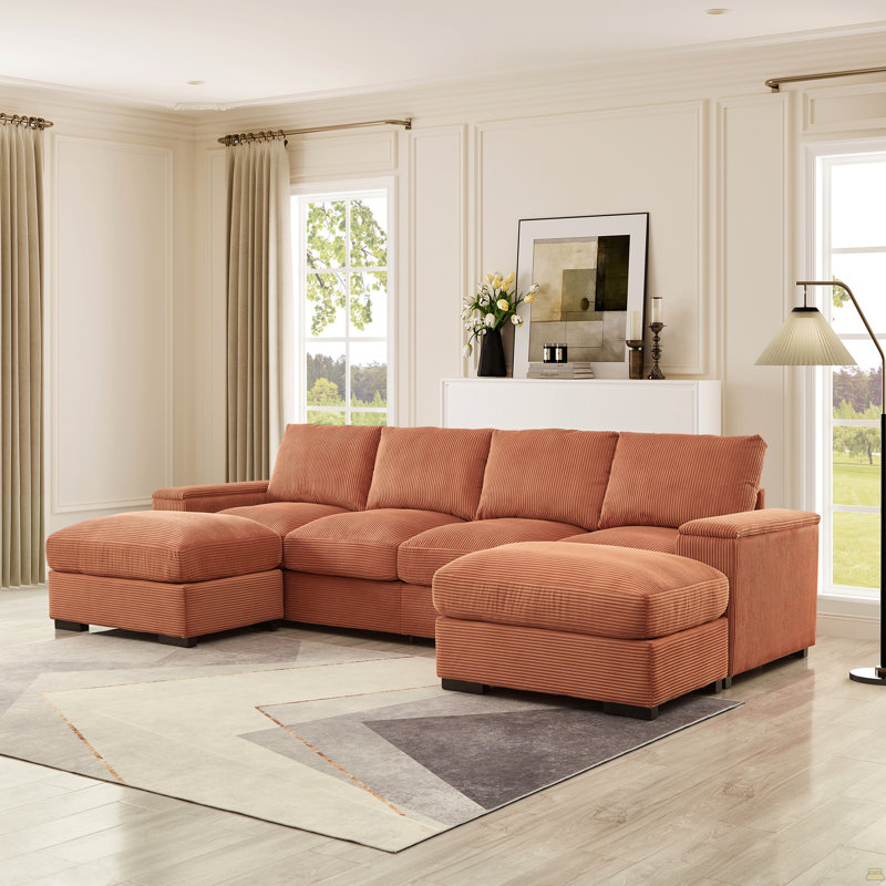 Canapé modulaire à assise profonde avec repose-pieds, canapé rembourré en velours côtelé, Velours côtelé vert foncé
