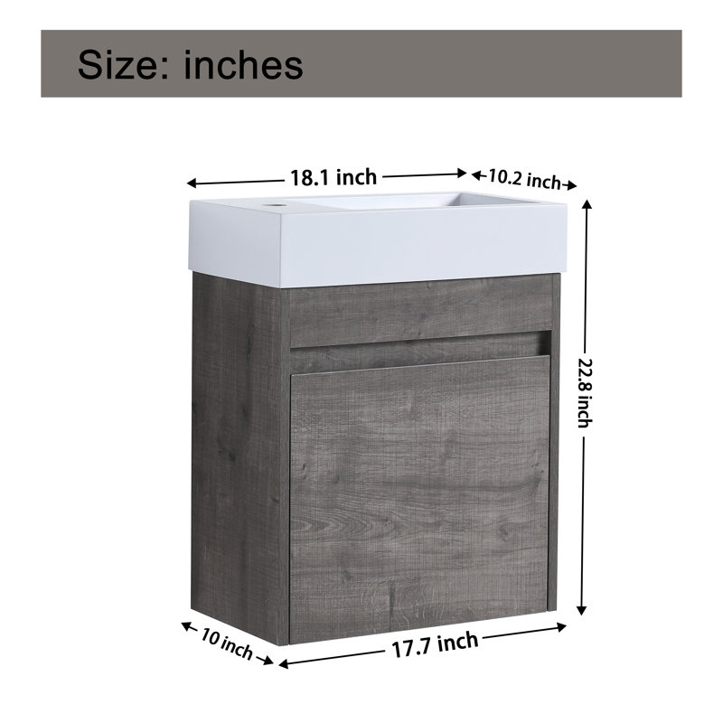 Ensemble de meuble-lavabo simple 18 po Argylle, meuble-lavabo mural avec plateau en résine blanche, meuble-lavabo flottant avec porte à fermeture en douceur, meuble-lavabo simple avec plateau