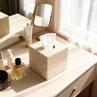 Couvercle de boîte à mouchoirs en marbre travertin, boîte à mouchoirs carrée à fond ouvert pour comptoir de salle de bain, commode, comptoir de cuisine, beige