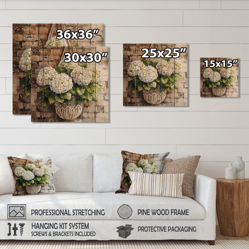 Hortensias dans un macramé II - décoration murale en bois d'hortensias - sur bois de pin naturel