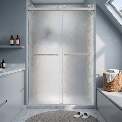 Porte de douche coulissante double sans cadre de 44 à 48 po x H 72 po en verre trempé 5/16 po avec film antidéflagrant, quincaillerie en acier inoxydable, noir mat