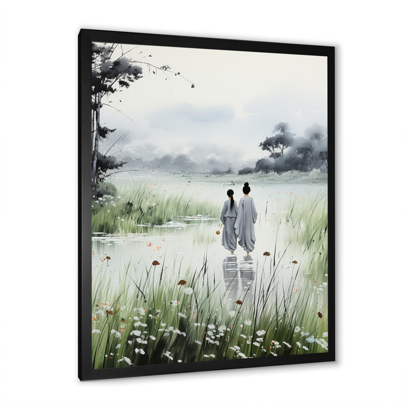 Paysage de sérénité au Japon, art mural Japon, H 20 po x l 12 po x P 1 po, Cadre simple noir