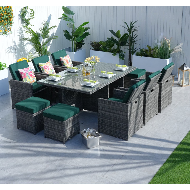 10 - Person Wicker Patio Dining Set with Rectangular Table , Cushions Included, Gray, Atrovirens