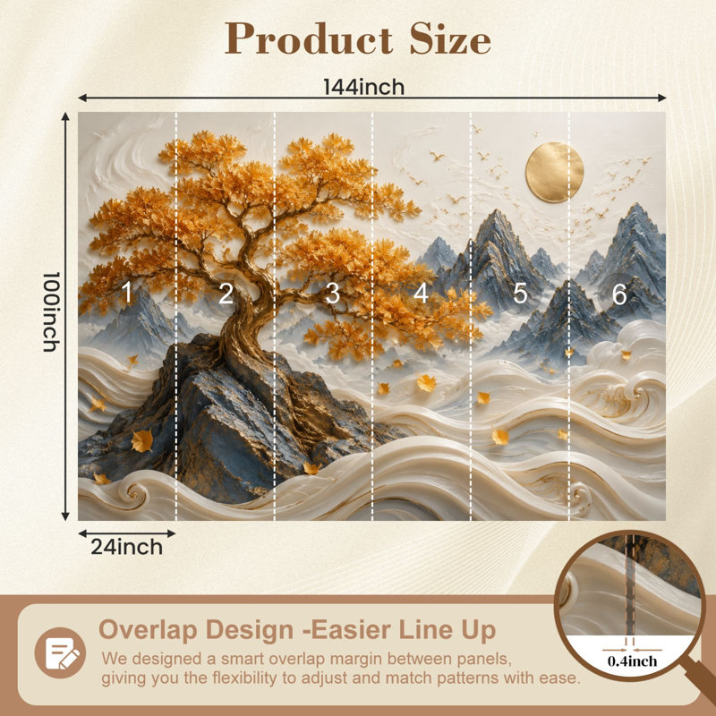 Papier peint adhésif peler et coller Golden Tree Mountain Landscape Abstract Waves Misty Peaks Effect Papier autocollant amovible pour décoration de salon Chambre à coucher H 100 po x l 144 po