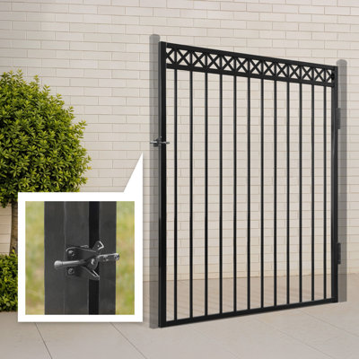 Heavy Duty Flat Top X-Pattern Decorative Fence Gate, 6FT Height x 5FT Width Outdoor Fence Gate, Outdoor Anti-Rust Metal Steel Gate for Fencing Barrier, Garden Gate with Gate Lock