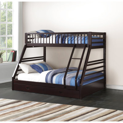 Lit superposé convertible simple TG / grand avec fonction de rangement, 2 tiroirs, système de lattes inclus, garde-corps intégré, configuration de tiroir français, composition en plis de pin, 220 lb