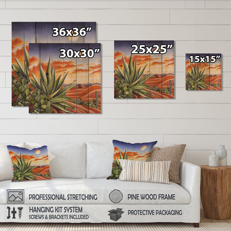 Cactus mexicain, paysage III - impression traditionnelle sur bois vert sur bois de pin naturel, H 30 po x l 30 po
