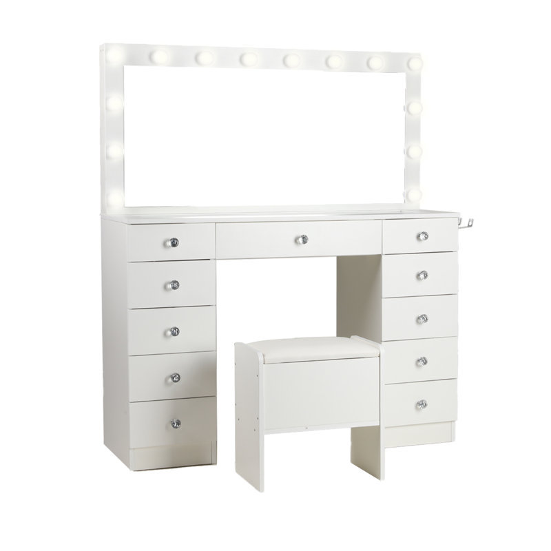 Meuble-lavabo à maquillage avec 11 tiroirs et prise de courant, 3 modes d'éclairage couleur à luminosité réglable
