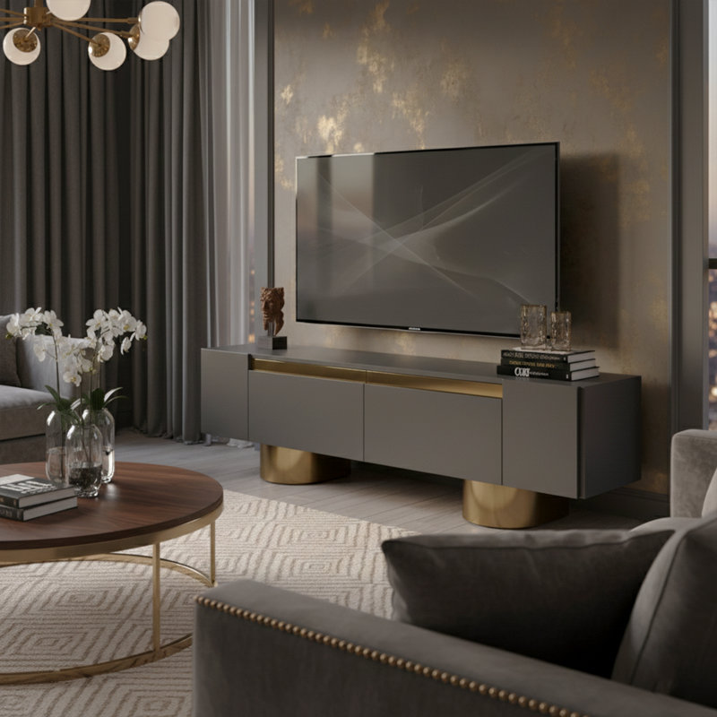 Metal Sheet Legs Unique TV Stand For Tvs Up To 78'' With Reflective Stripe, Anthracite/Gold
