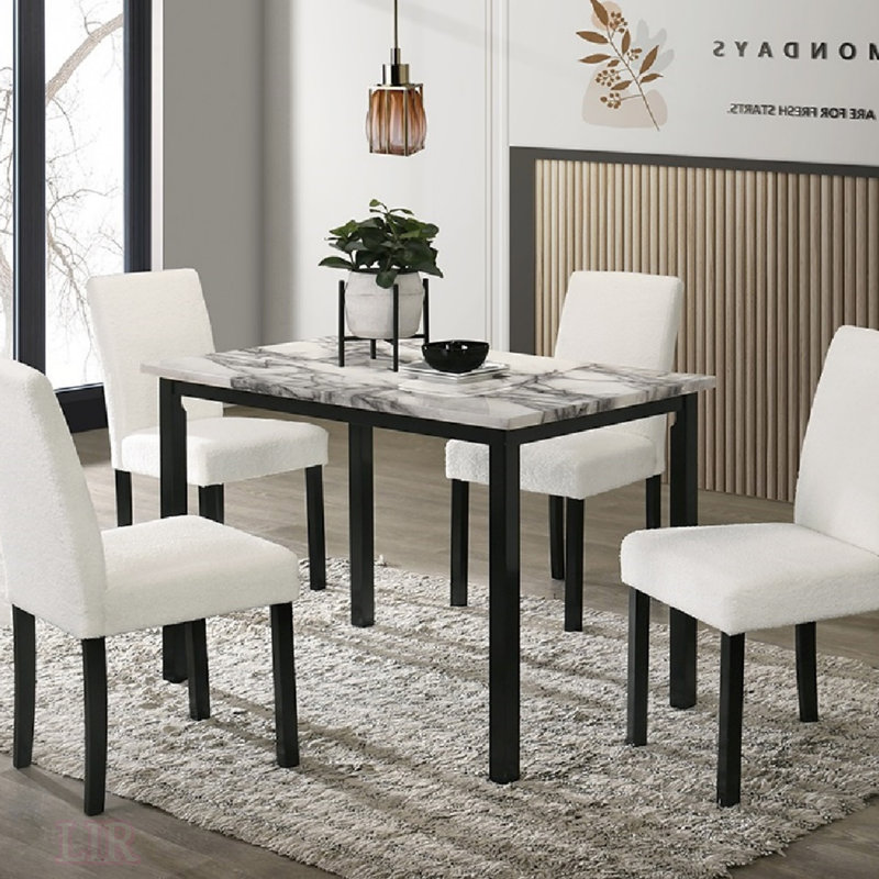 Ensemble de salle à manger contemporain en tissu de laine avec plateau en faux marbre et chaises rembourrées, parfait pour des repas élégants et confortables.