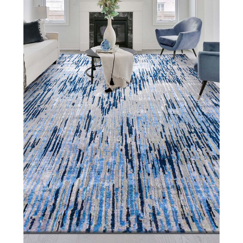 Abstract Area Rug in Blue/Gray, Rectangle 8' x 10'