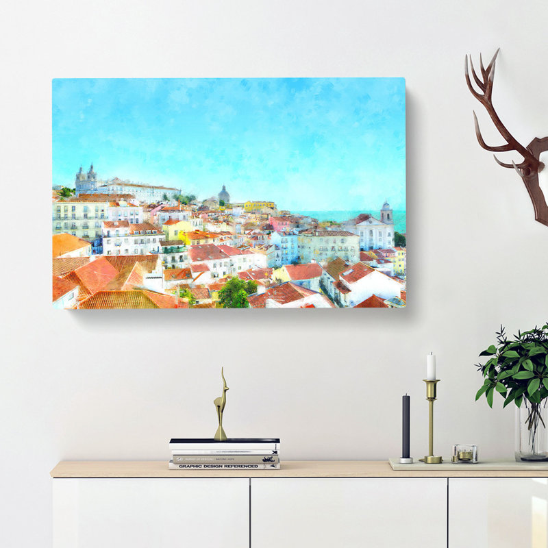 Skyline Of Alfalma Lisbon Portugal Painting - Wrapped Canvas, 60cm H x 91cm W x 3cm D