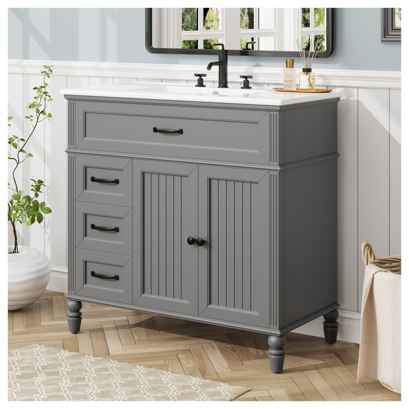 Meuble-lavabo 36 po avec lavabo, armoire de salle de bain vintage grise avec tiroirs et portes à fermeture en douceur, meuble-lavabo avec cadre en bois massif pour la rénovation de salle de bain moderne