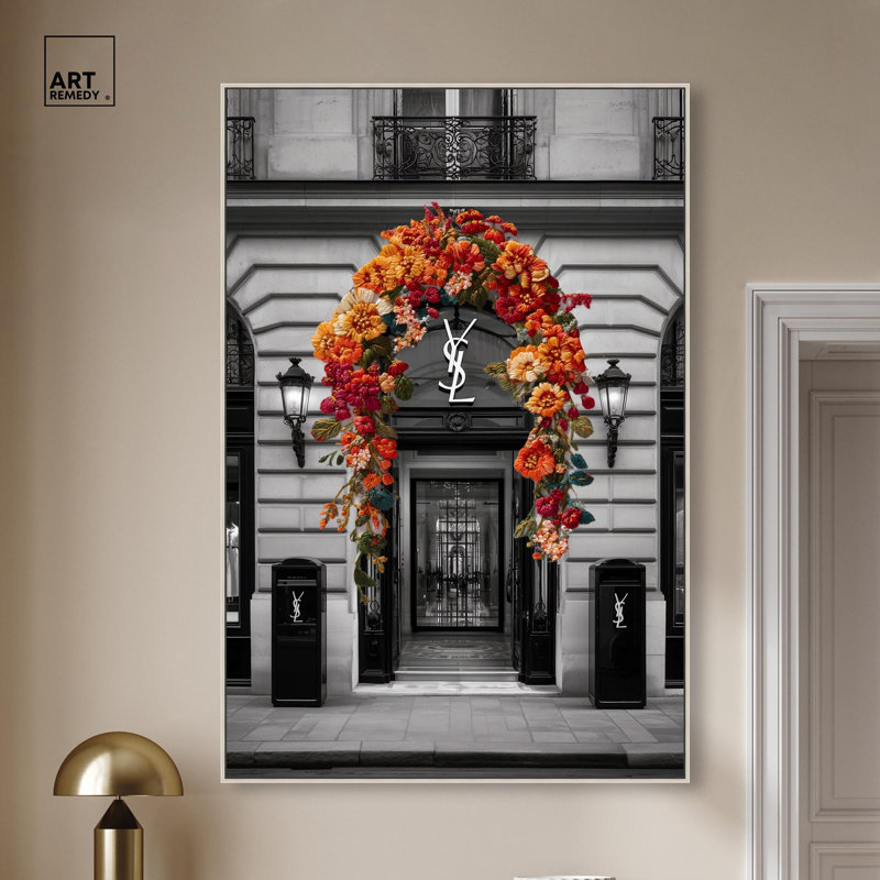 «Bright Floral Archway Storefront», reproduction d'art sur toile par Art Remedy, cadre noir, 10 x 15, H 16 po x l 11 po