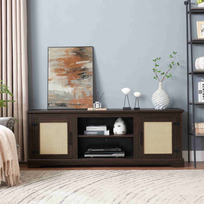 Farmhouse Rattan TV Stand Console Table For Tvs Up To 70 Inches TV Console Table With 2 Storage Shelves 2 Natural Rattan Door Cabinets