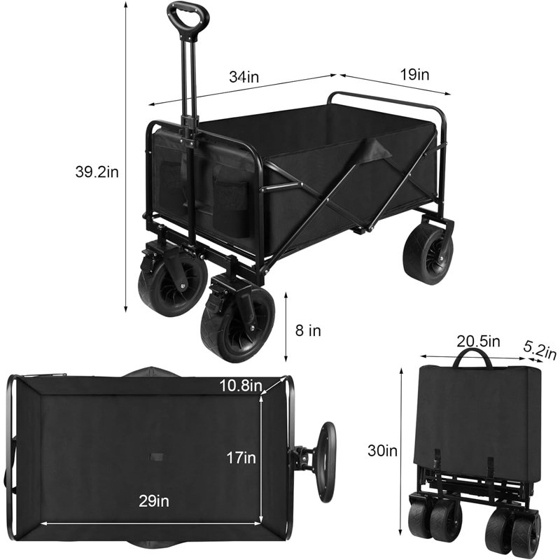 Collapsible Foldable Portable Utility 240L Capacity Wagon Garden Cart with Pedal Brake, Black