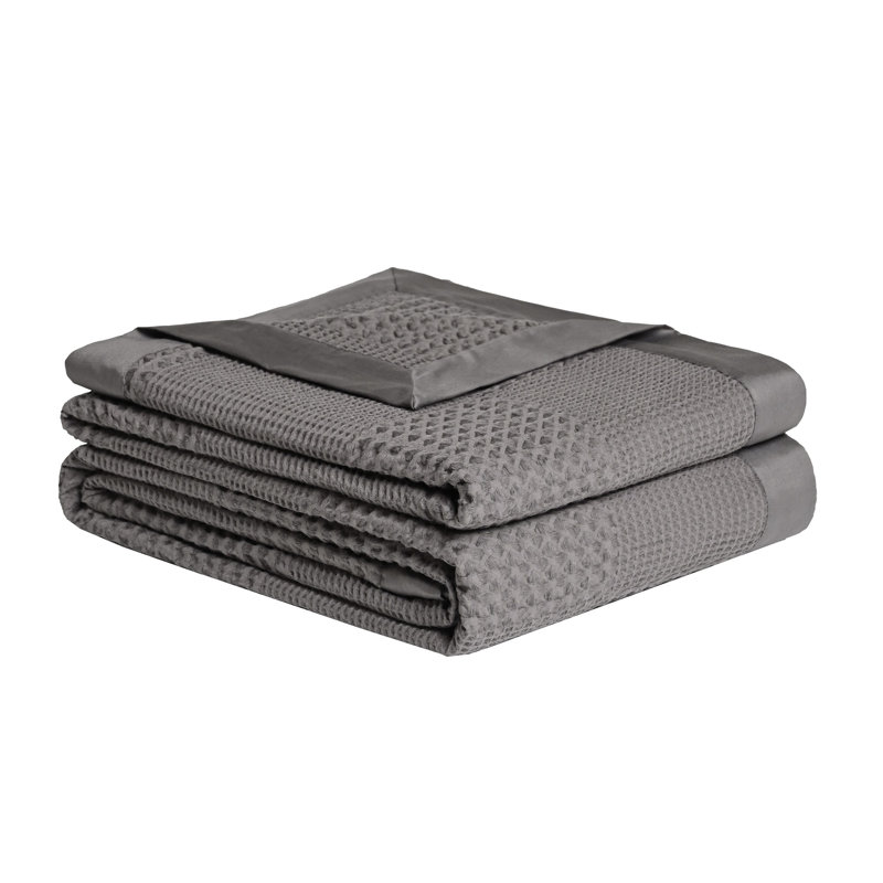 Twin Taupe and White Cotton Waffle Blanket with Sateen Binding