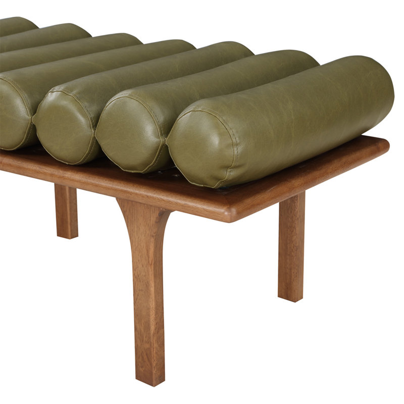 Banc rembourré en similicuir Landon Boutis, Cuir végétalien vert olive, Noyer