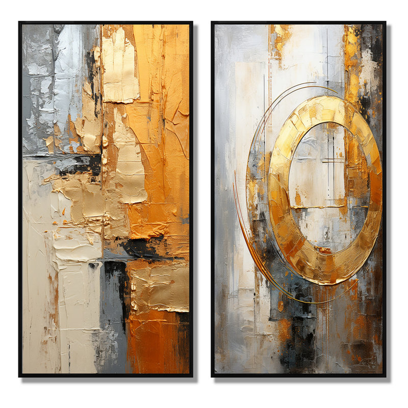 «Gold Grey Gleaming Geometrie», 2 pièces, H 20 po x l 24 po, Cadre noir