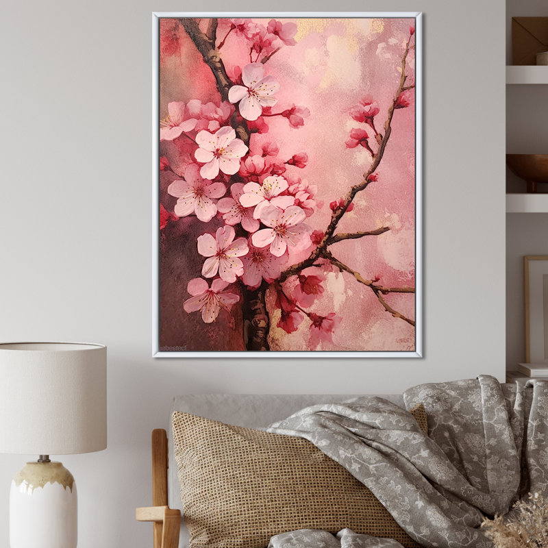 «Cherry Blossoms», collage rose foncé sur toile, Cadre naturel flottant, null